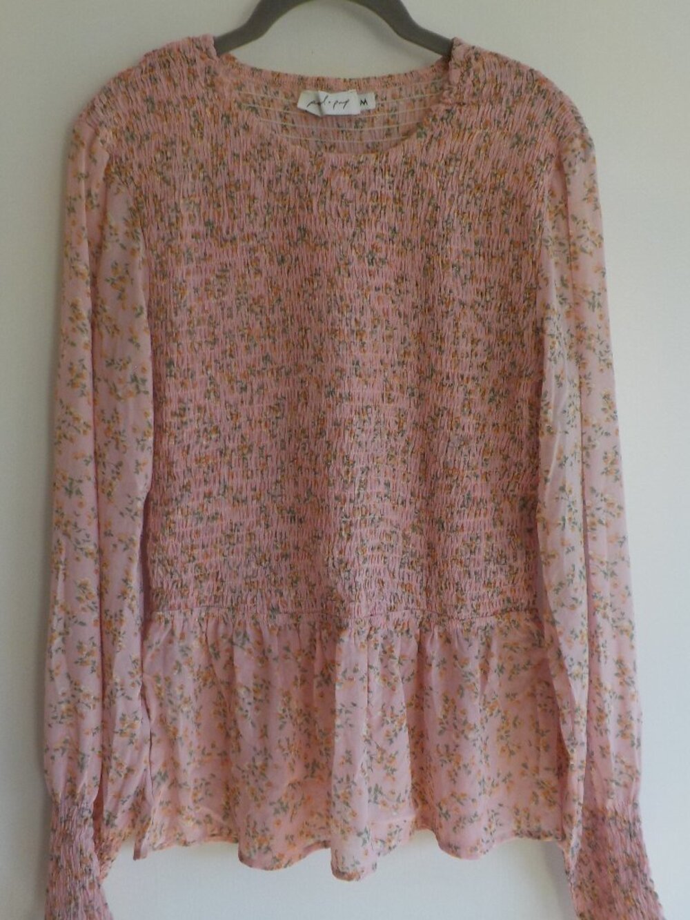 Petal + Pup Blouse - Junior Medium - Soft Pink Flower Long Sleeve Smocked (823)